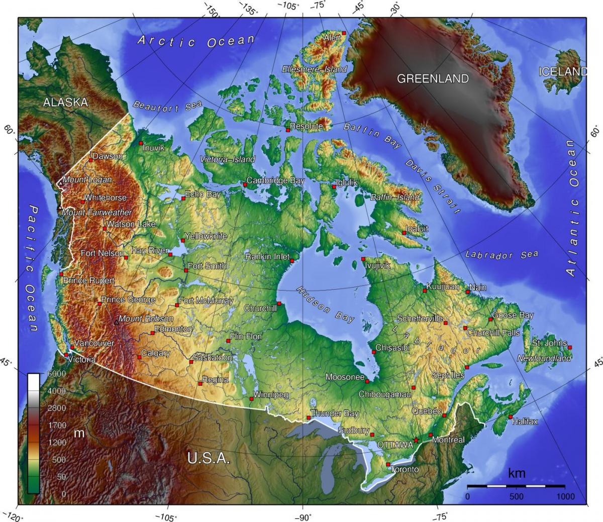 Mappa topografica di Canada